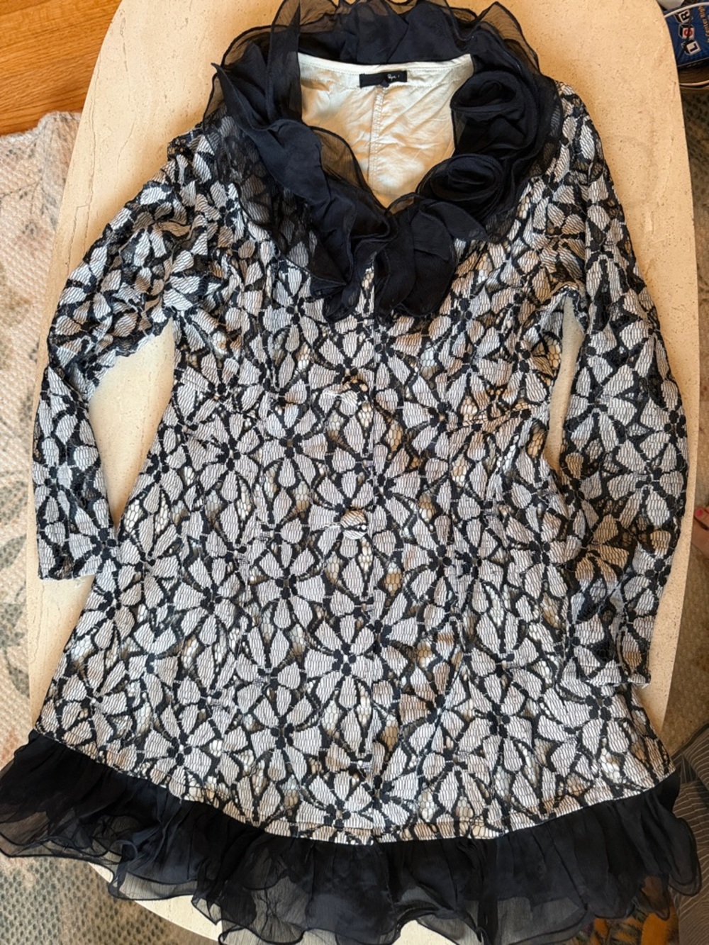 Ryu Black & White Floral Lace Ruffle Hem Tunic Dress Jacket